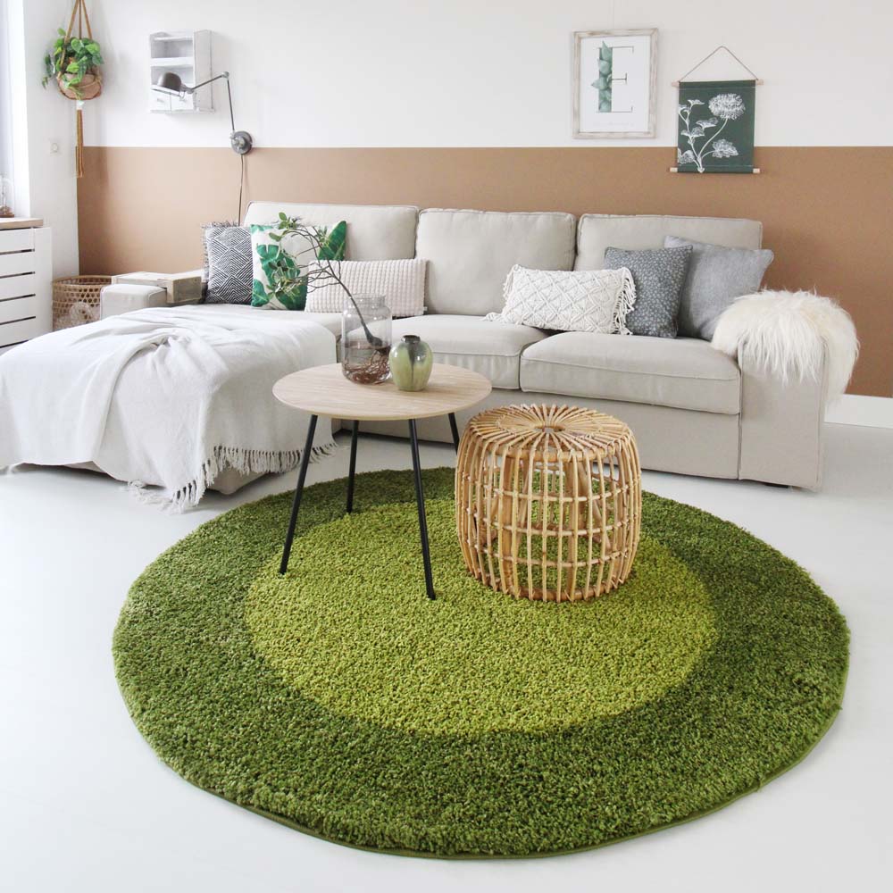 Hochflor Teppich Rund Bordüre Shaggy Trend - Grün - sfeer Hochflor Teppich Rund Bordüre Shaggy Trend - Grün - sfeer