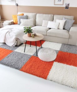 Hochflor Teppich Kariert Shaggy Trend - Orange