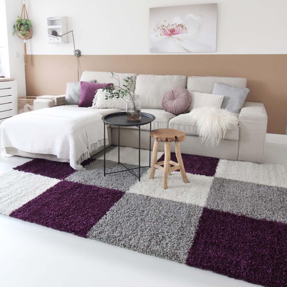 Hochflor Teppich Kariert Shaggy Trend - Lila Hochflor Teppich Kariert Shaggy Trend - Lila