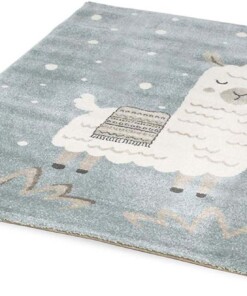 Kinderteppich Lama - Blau/Weiß - overzicht schuin, thumbnail