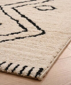 Berber Teppich Beni Ouarain Bahij - Creme/Schwarz - close up hoek, thumbnail