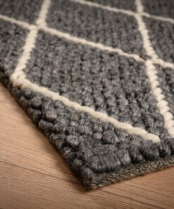 Wollteppich Rautenmuster Vinduer - Dunkelgrau/Creme - close up hoek, thumbnail