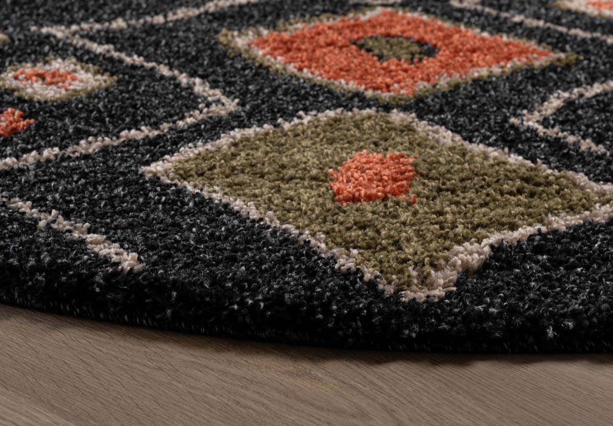 Boho Teppich Rund Hochflor Artisan - Anthrazit/Bunt - close up zijkant Boho Teppich Rund Hochflor Artisan - Anthrazit/Bunt - close up zijkant