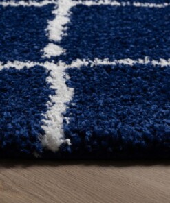 Hochflor Teppich Rund Rautenmuster Artisan - Dunkelblau/Weiß - close up zijkant, thumbnail