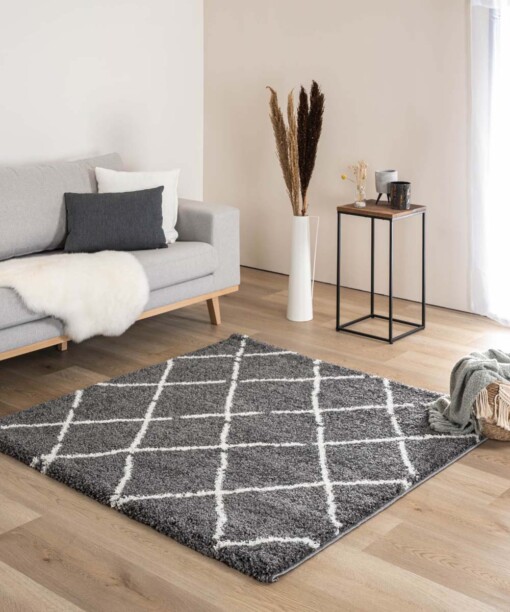 Hochflor Teppich Quadratisch Rautenmuster Artisan - Grau/Weiß - sfeer