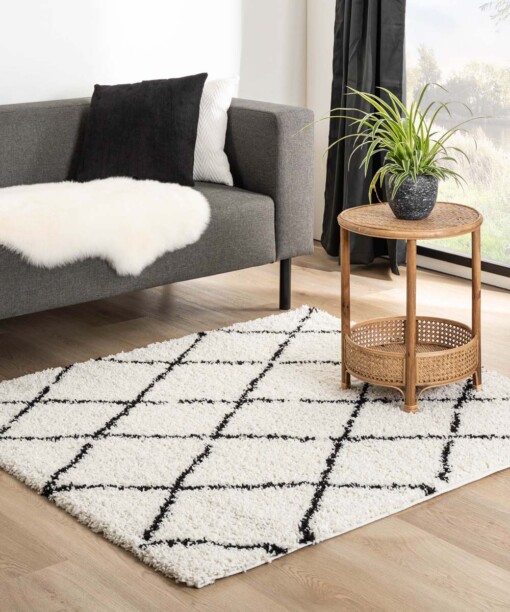 Hochflor Teppich Quadratisch Rautenmuster Habitat - Weiß/Schwarz - sfeer