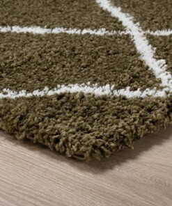 Hochflor Teppich Quadratisch Rautenmuster Artisan - Olivgrün/Weiß - close up hoek, thumbnail