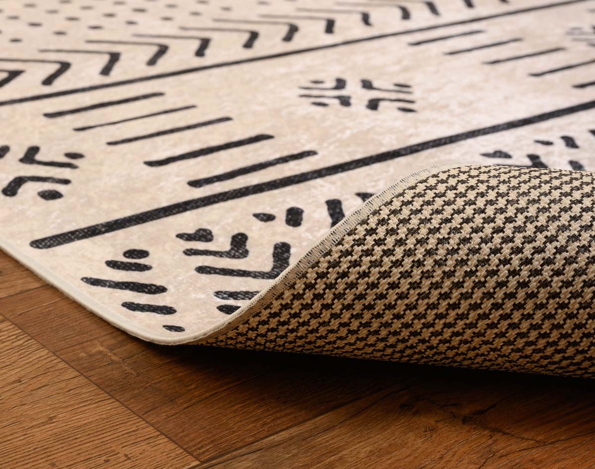 Boho Teppich Waschbar - Moderna Weiß/Schwarz - close up vouw Boho Teppich Waschbar - Moderna Weiß/Schwarz - close up vouw