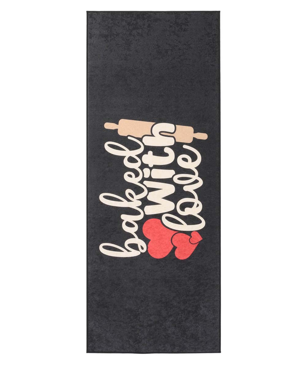 Küchenlaüfer Waschbar - 'Baked with Love' Schwarz - overzicht boven Küchenlaüfer Waschbar - 'Baked with Love' Schwarz - overzicht boven