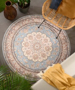 Outdoor Teppich Vintage Rund - Valenca Nova Hellblau/Beige
