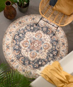 Outdoor Teppich Vintage Rund - Valenca Fino Gold/Blau