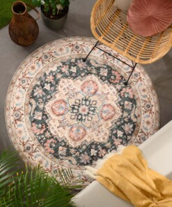 Outdoor Teppich Vintage Rund - Valenca Fino Grün/Rot