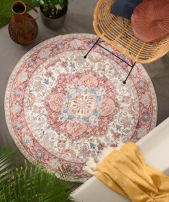 Outdoor Teppich Vintage Rund - Valenca Fino Creme/Rot