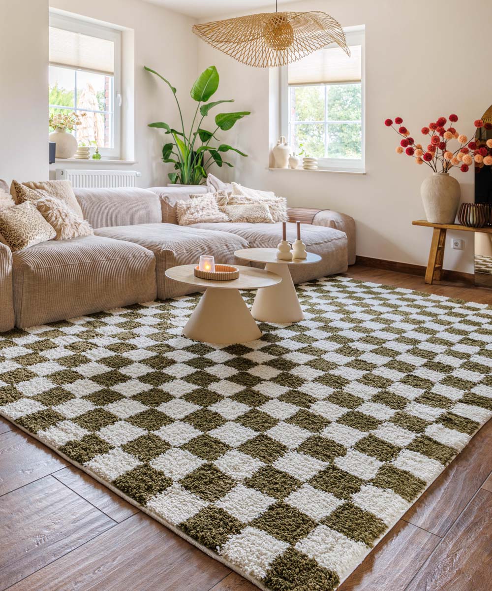 Schachbrett Teppich - Check Elfenbein/Olivgrün - sfeer Schachbrett Teppich - Check Elfenbein/Olivgrün - sfeer