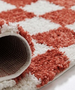 Schachbrett Teppich - Check Elfenbein/Koralle - close up, thumbnail