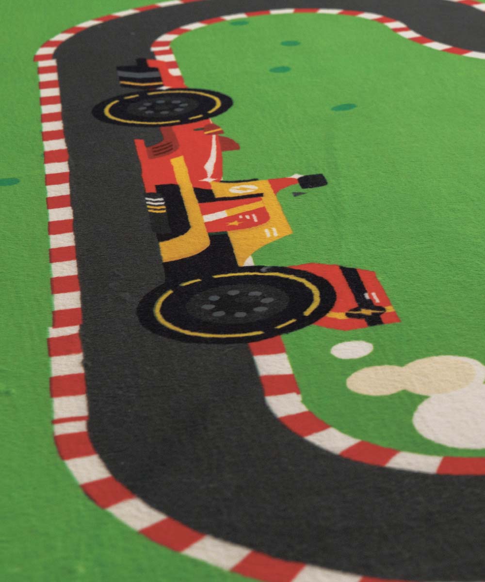 Waschbarer Kinderteppich - Snugway Rennen Bunt - close up Waschbarer Kinderteppich - Snugway Rennen Bunt - close up