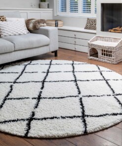 Hochflor Teppich Rund Rautenmuster Habitat - Weiß/Schwarz - sfeer
